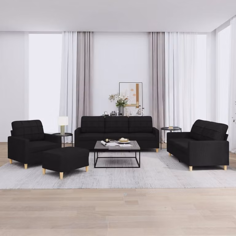 Set di divani moderno vidaXL in tessuto nero composto da 4 pezzi con cuscini e pouf per soggiorno