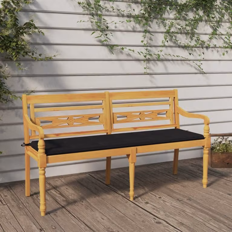 The Living Store Panca Batavia con cuscino nero 150 cm in teak massiccio