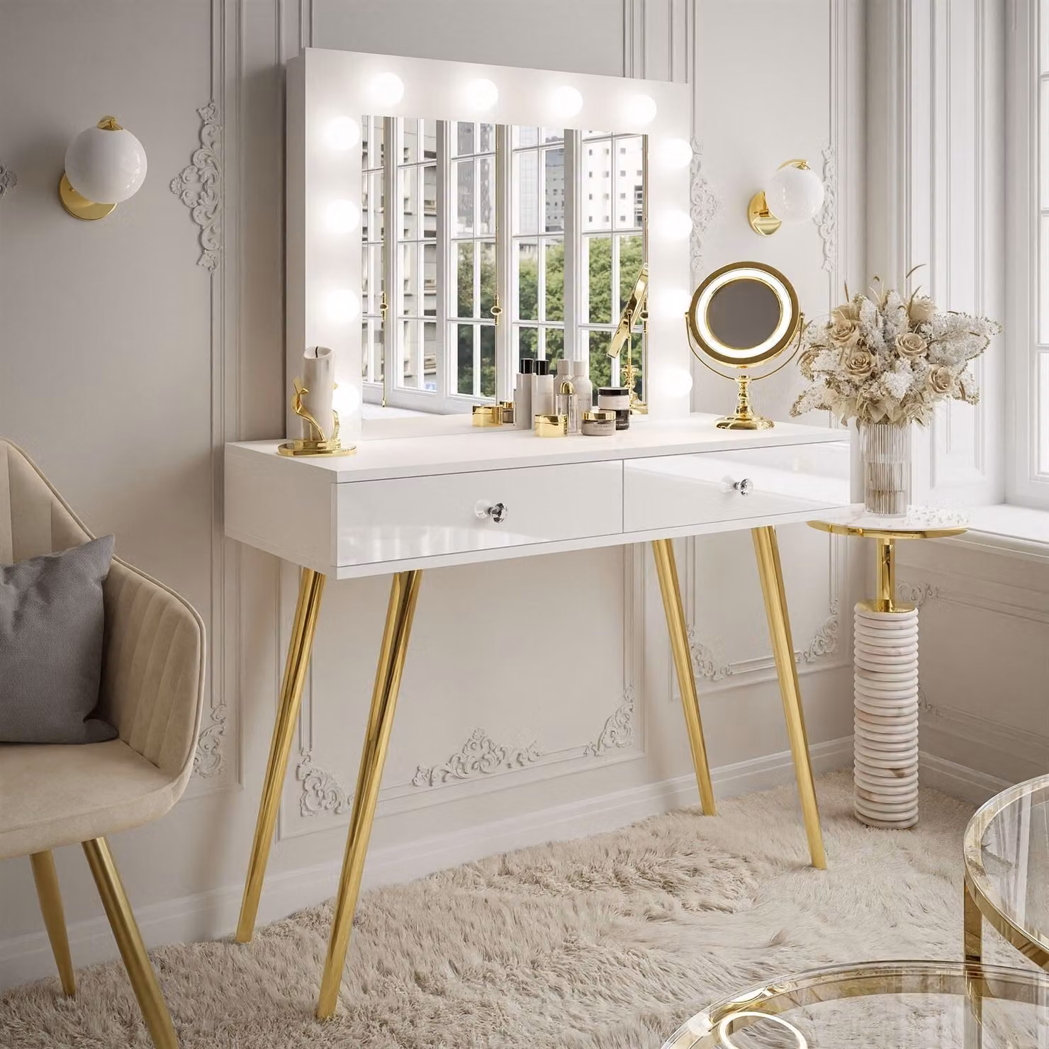 Comodino SIENNA GOLD con cassetti su gambe dorate Cromo oro / Bianco lucido Maniglia: cristallo bianco