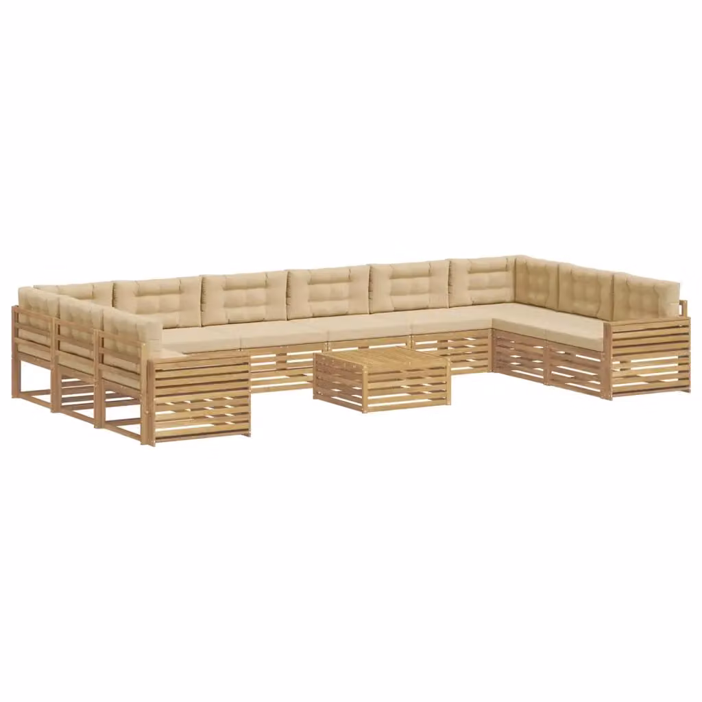 Set di divani da giardino a forma di L con tavolo da caffè vidaXL in legno di acacia marrone e beige, composto da 11 pezzi con cuscini inclusi – 2