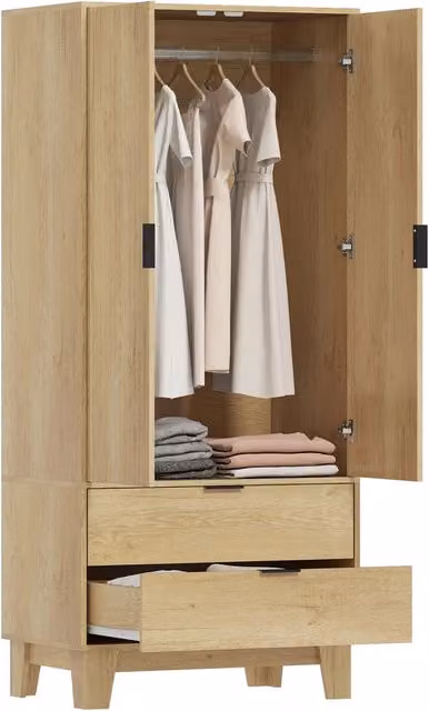 Armadio 2 ante scorrevoli ¨C Xylo ¨C 2 cassetti, barra appendiabiti, legno naturale, 80x50x180cm