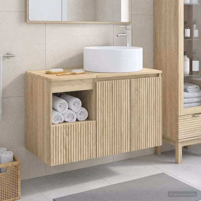 Set di mobili per il bagno moderno vidaXL composto da base lavabo e pensile a parete, colore marrone e beige, L/P/H: 80 x 37,7 x 49,5 cm e L/P/H: 44,5 x 37,7 x 49,5 cm