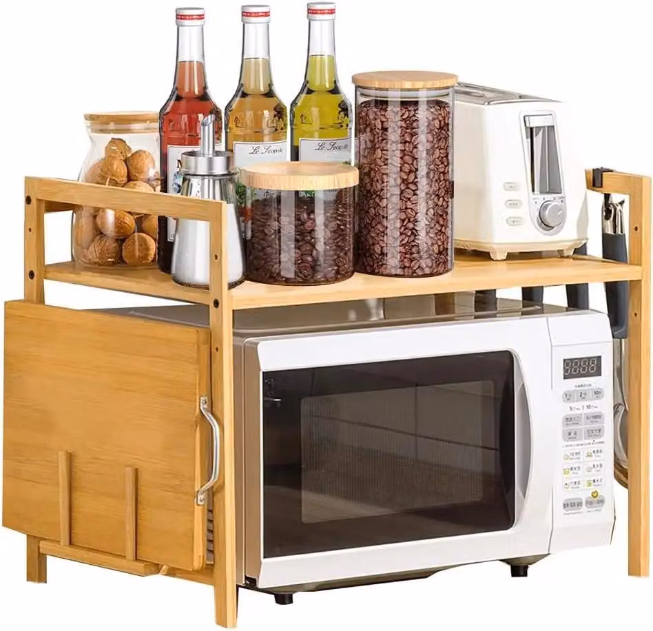 Scaffale per microonde - Scaffale da cucina in bambù - 52×30×35 cm - 4 ganci - Supporto per tagliere - Grigio chiaro