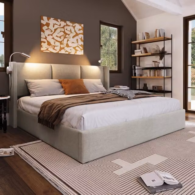 Letto Contenitore REDOM in Lino Beige con Luce da Lettura e Porta USB L/P/H: 160 x 200 x 107 cm