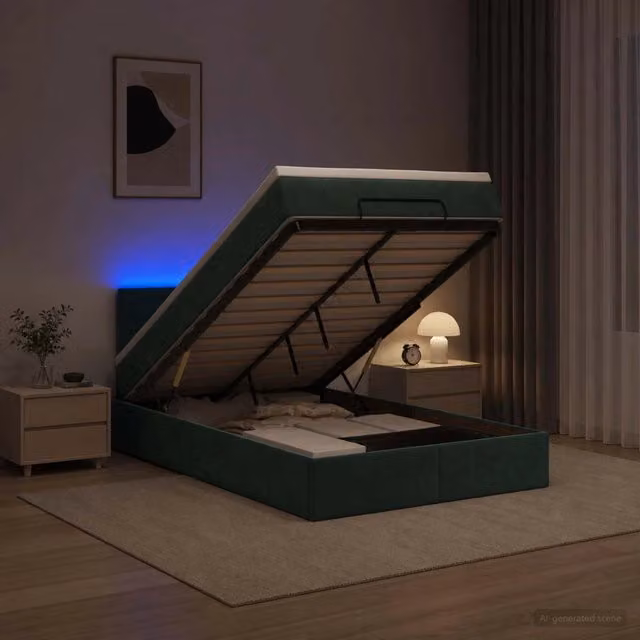 Letto Ottomano vidaXL in Velluto Verde con Materasso Ibrido e Illuminazione LED Sotto il Letto L/P/H: 120 x 200 x 88 cm – 1