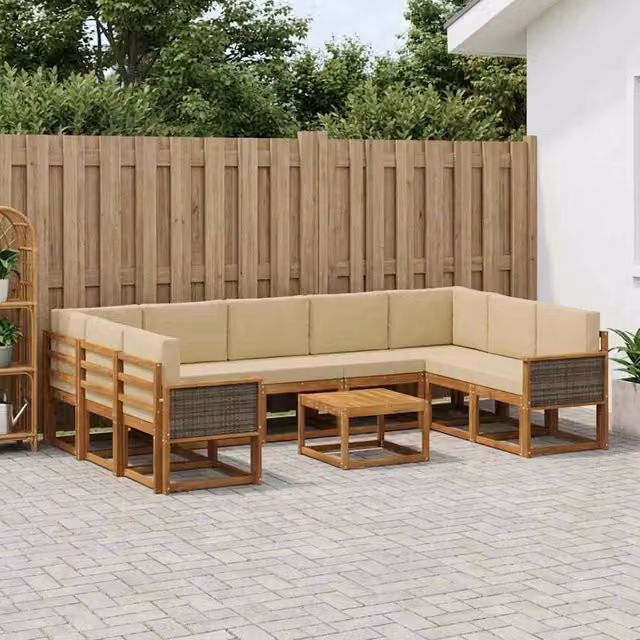 Set di divani da esterno a L con tavolino da giardino vidaXL in legno di acacia, 10 pezzi, Beige e Marrone – 1