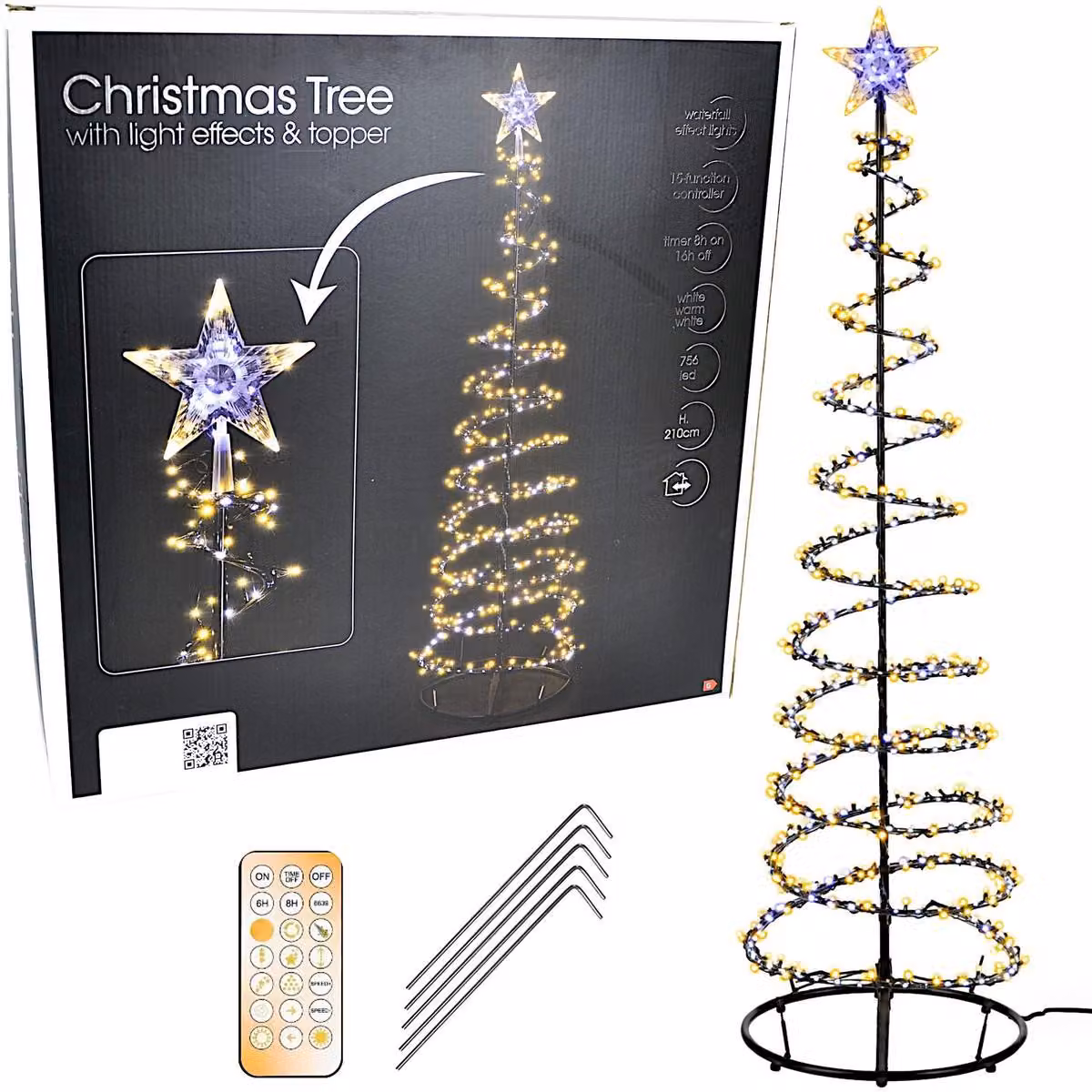 Albero di Natale a LED con effetto cascata, 210 cm di altezza, 756 LED, 15 funzioni, timer, struttura nera