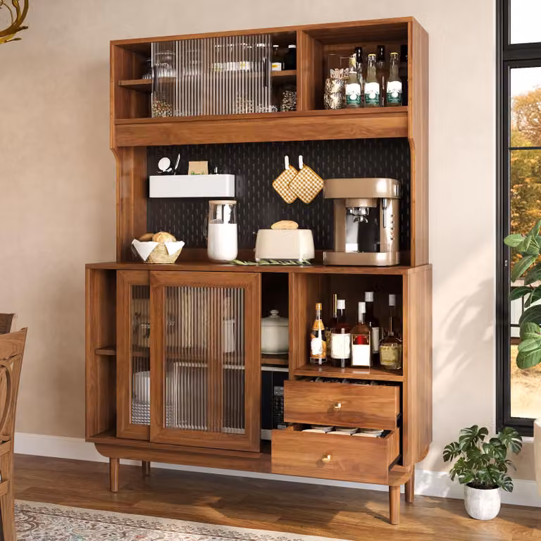 Mobiletto da cucina STILVORA con ante scorrevoli in vetro smerigliato e vani aperti, armadietto da cucina con cassetti, mobiletto buffet con pannello posteriore forato