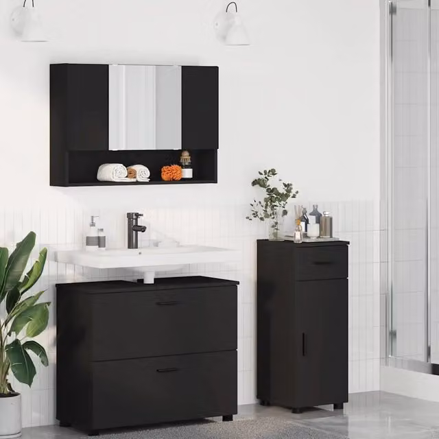 Set di mobili per il bagno moderno vidaXL composto da mobile lavabo, armadietto con specchio e mobile laterale in nero opaco L: 76,5 cm, P: 35 cm, H: 64 cm