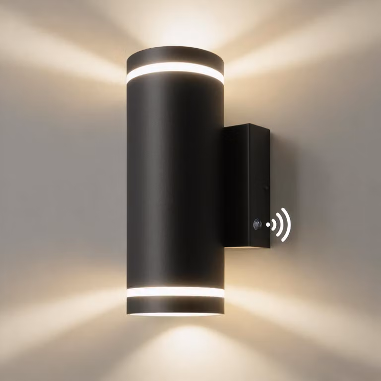 Lampada da esterno in acciaio inossidabile con sensore di luminosità, grado di protezione IP65, colore nero, 2 portalampada GU10 da 5W, temperatura di colore 3000K