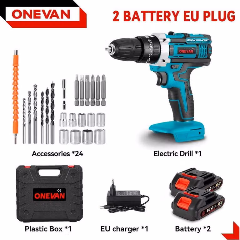 Avvitatore a percussione a batteria e avvitatore a batteria - Trapano - 25+3 livelli di coppia - 1600 giri/min - 2 batterie - Spina UE - Giallo/Nero