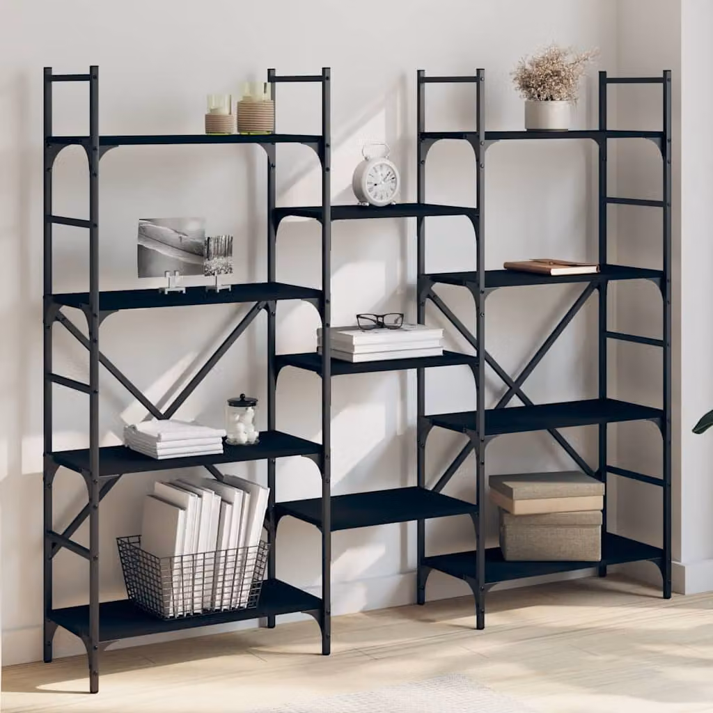 Libreria nera vidaXL in stile industriale con legno e metallo, L 160 cm x P 28,5 cm x H 136,5 cm
