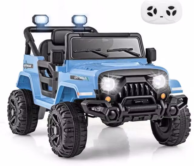 Camion elettrico 12V con telecomando ruote a scolpitura 3 velocit¨¤, Giocattolo a batteria per bambini 3+ anni Blu