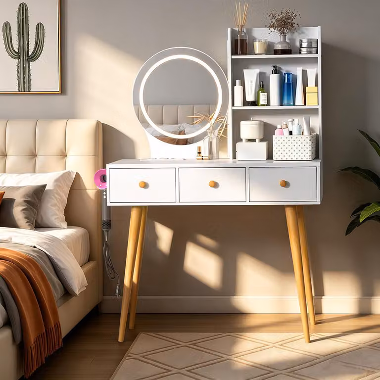 Comò da trucco con specchio a LED, dimensioni 90 x 40 x 135 cm, 3 tonalità di luce, 3 cassetti, 3 scomparti a giorno, 2 prese di corrente e 2 porte USB, supporto per asciugacapelli, colore bianco