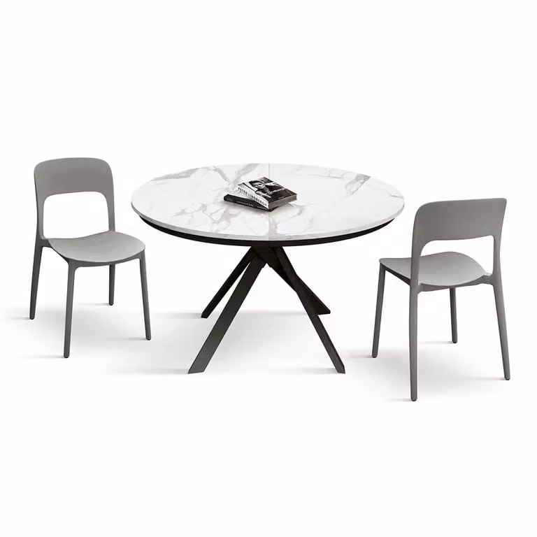 Tavolo rotondo PANTELLERIA in legno, finitura bianco statuario e gambe incrociate in metallo antracite, allungabile Ø120xH75,3 cm – 170x120x75,3 cm