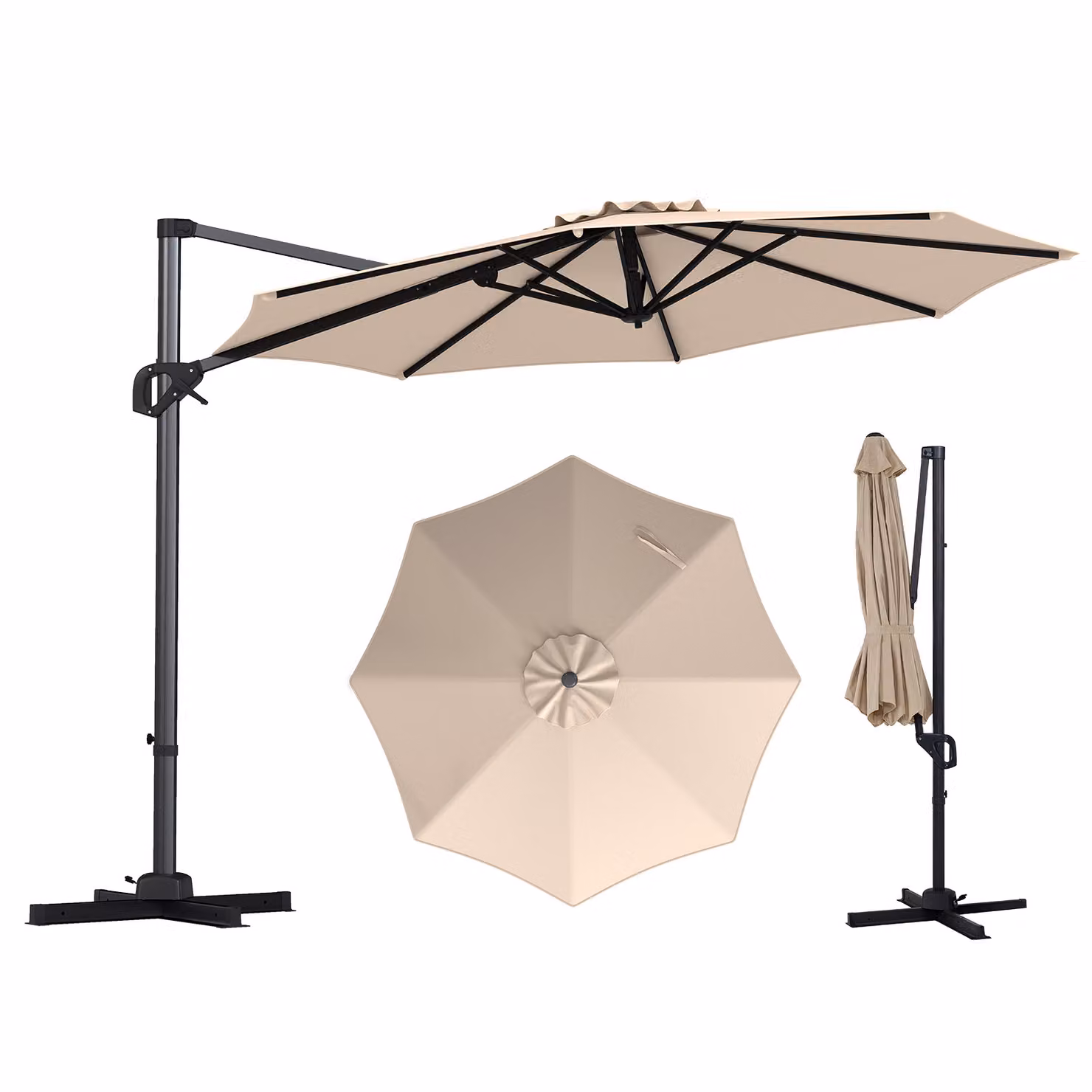 Ombrellone da giardino Costway Beige con 15 stecche, tetto ventilato, manovella e pedale, girevole e inclinabile, diametro 300 cm