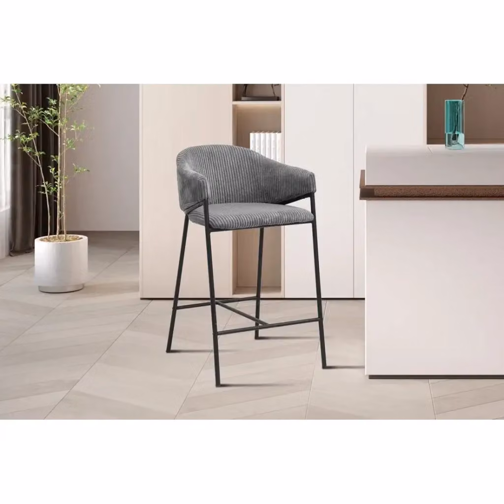 Sedia da banco IMANY Meublorama in velluto a coste grigio con braccioli e piedi in metallo nero stile industriale H: 90 cm, L: 59 cm, P: 54 cm – 2