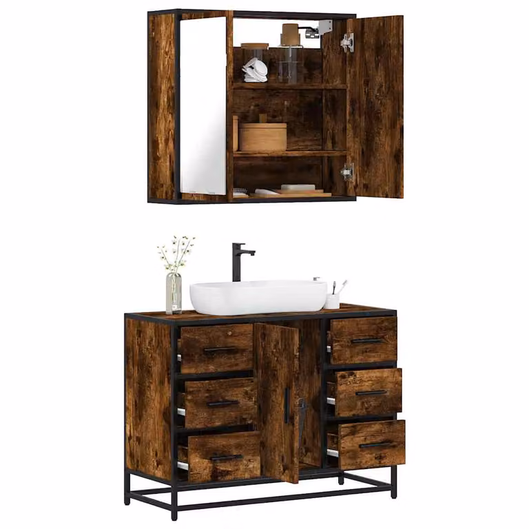 Set di mobili da bagno vidaXL in stile industriale composto da mobile lavabo e armadietto con specchio in legno rovere e metallo, colore marrone