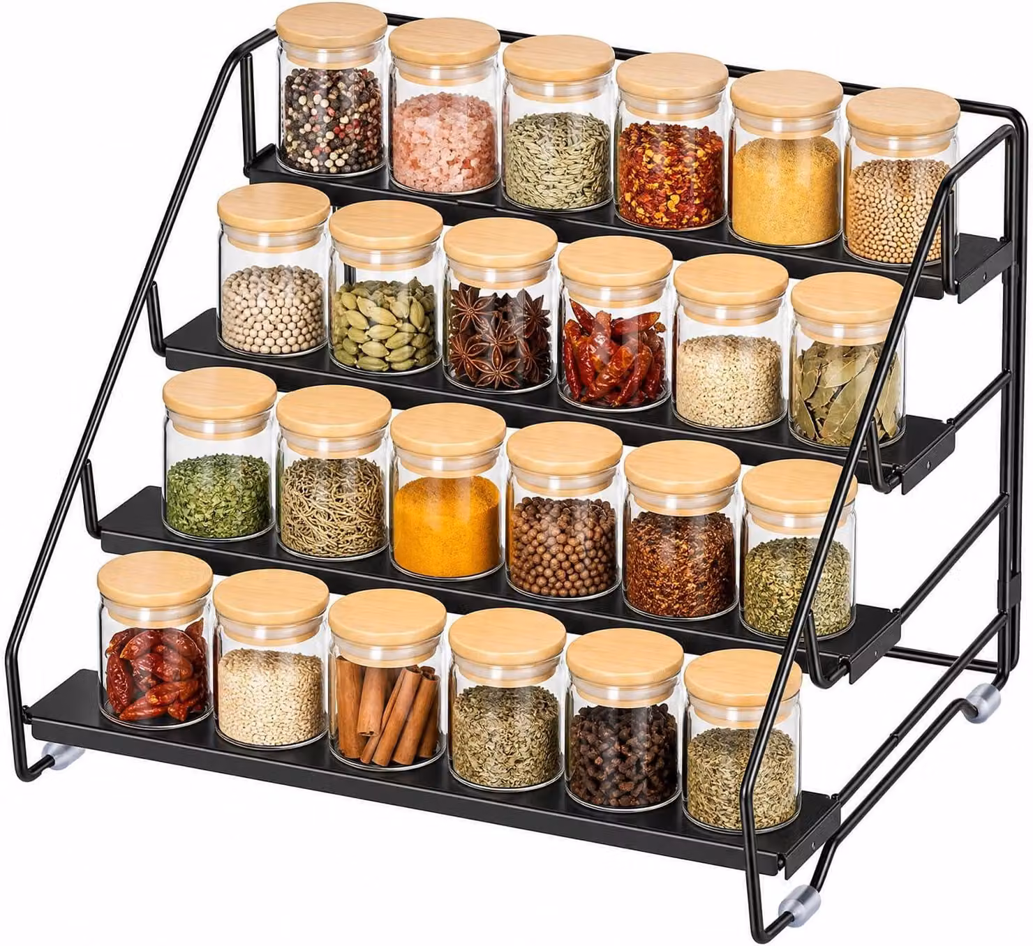 Scaffale per spezie, 4 livelli, da appoggio, senza necessità di foratura, in metallo nero, dimensioni 25,7 x 33,5 cm, per la cucina