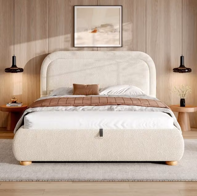 Letto matrimoniale ULEVR 140x200 cm con contenitore idraulico, rete a doghe e testiera imbottita boucl¨¦ beige