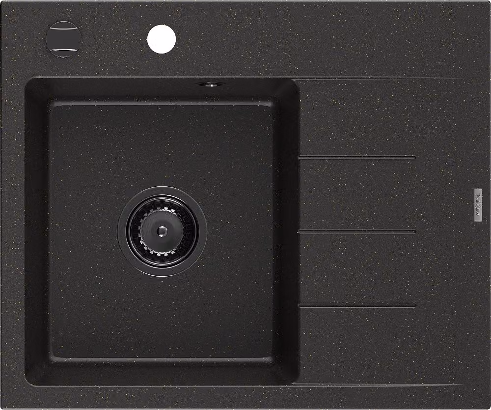 Mexen Ben lavello da cucina in granito a una vasca con sgocciolatoio, sinistro 600 x 500 mm, nero/oro metallizzato, sifone nero