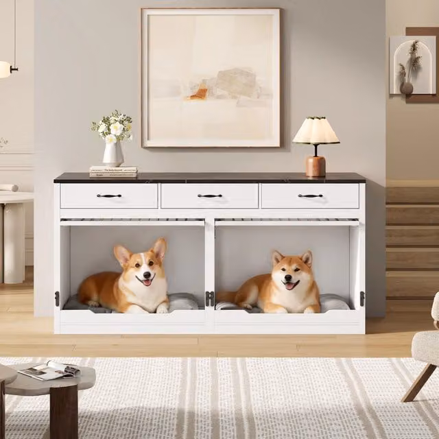 Cuccia per cani WISHDOR in legno, metallo e MDF con sportello ribaltabile, divisorio removibile e 3 cassetti, bianco e nero