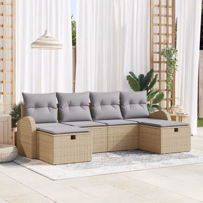 Set Divano da Giardino a L vidaXL in Polyrattan Beige con Cuscini e Tavolino da 6 Pezzi