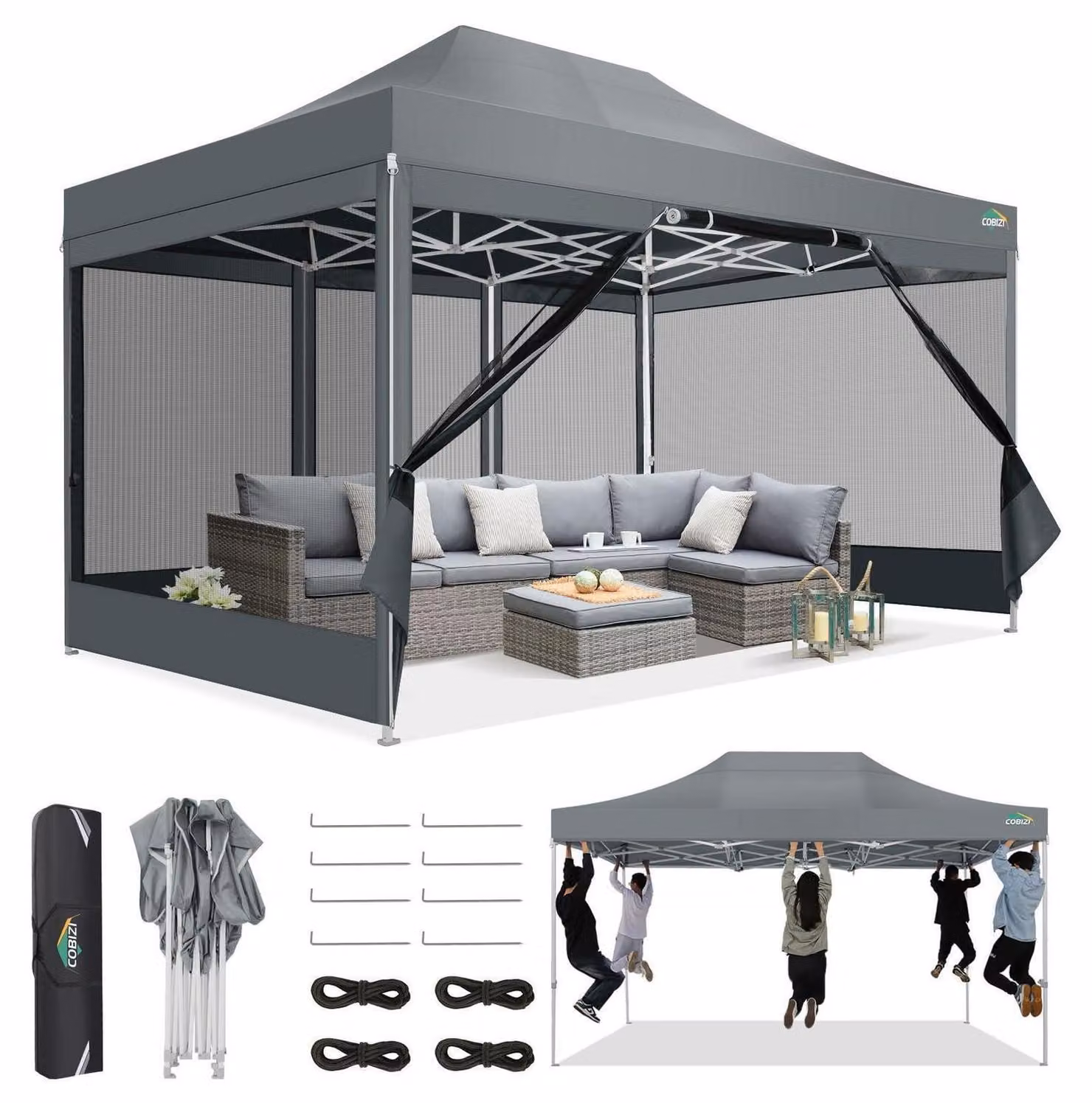 Gazebo da esterno 3x4,5 metri con zanzariera, impermeabile, protezione UV 50+, regolabile in altezza su 3 livelli, 4 pareti laterali, tessuto Oxford 420D, colore grigio