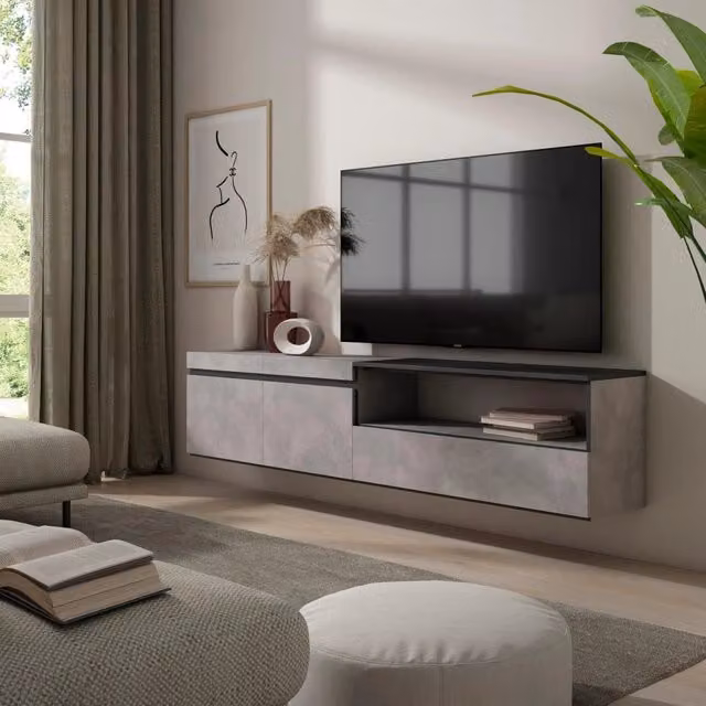 Mobile TV, 200x35x45cm, soggiorno, Per TV fino a 80", da appendere, grigio cemento RF2228