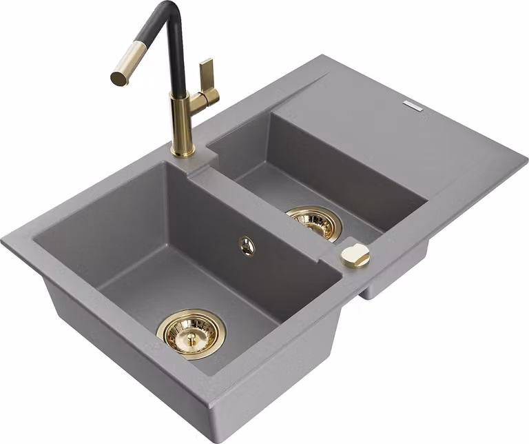 Mexen Gaspar lavello in granito da 1,5 vasche con scolapiatti e rubinetto cucina Flora, grigio - 6507-71-670401-57-G