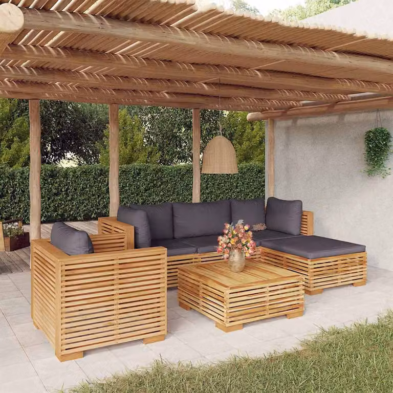 Set Divani da Giardino vidaXL 6 pz in Legno di Teak con Cuscini, Forma a L, Marrone e Grigio