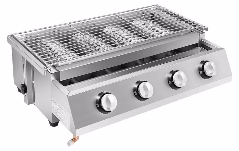 Piastra per barbecue a gas, 4 bruciatori, struttura in acciaio inossidabile, colore grigio