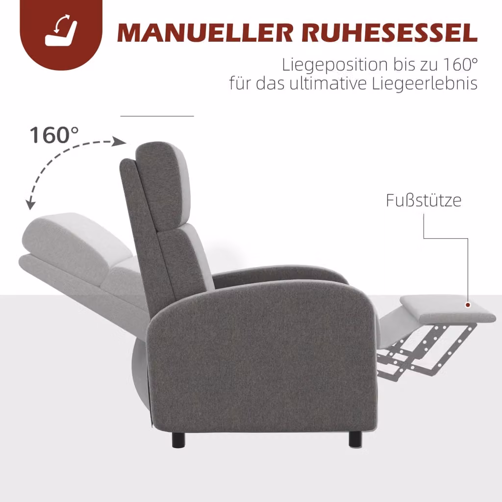 Sedia Relax Reclinabile REDOM in Tessuto Lino Grigio, L/P/H: 64 x 86 x 102 cm – 2