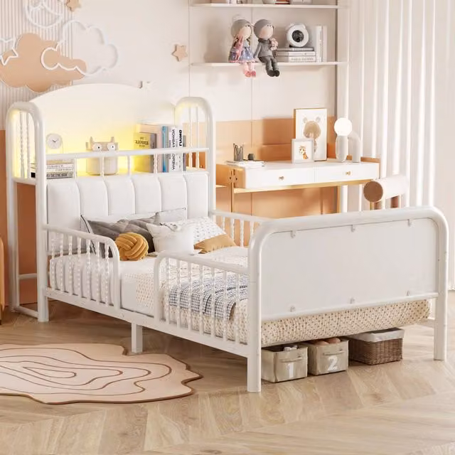 Letto per bambini 90 x 200 cm in metallo bianco con sponde di sicurezza; testiera imbottita e LED