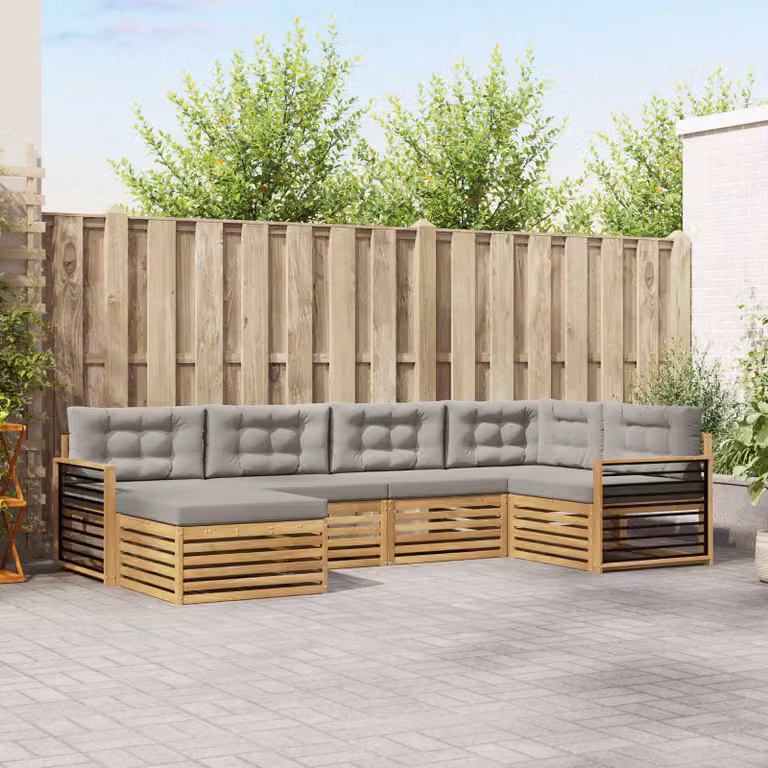 Set di divani da esterno vidaXL a forma di L composto da 6 pezzi con pouf e cuscini, struttura in legno di acacia e tessuto resistente ai raggi UV, Bianco e Grigio