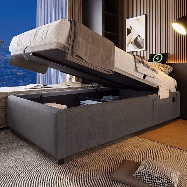 Letto singolo con cassettoni - Xylo - 90??200 cm - Grigio - USB-C