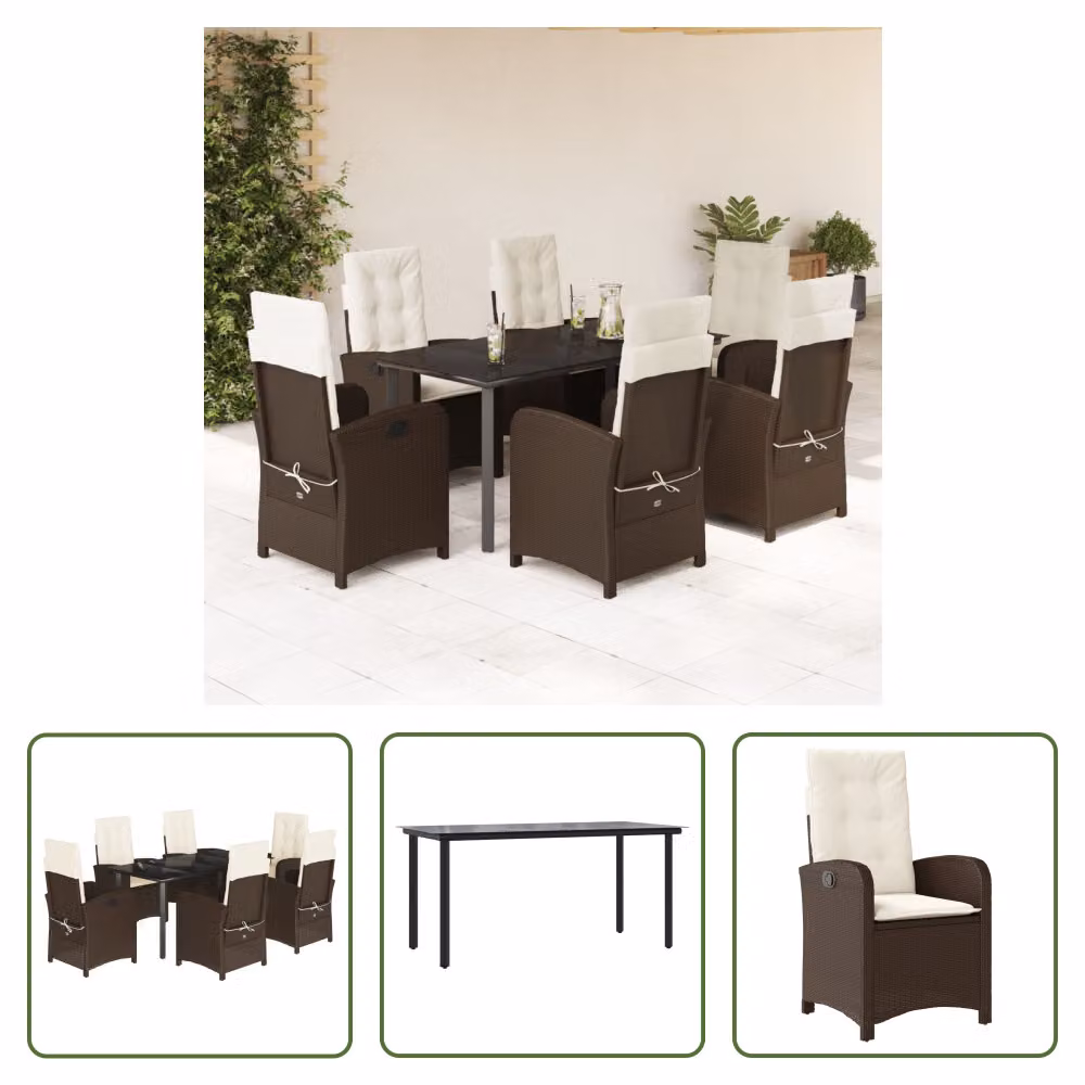 The Living Store Set da pranzo da giardino 7 pezzi con cuscini in polirattan marrone