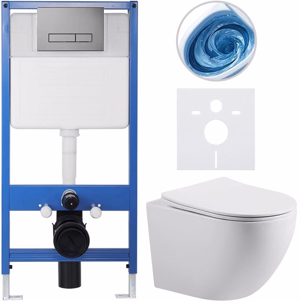 CERANO - Kit completo per WC sospeso modello Lite/Cesso - bianco lucido - Pulsante per WC modello Slim, grigio scuro - Installazione a parete/con pannello di cartongesso - 49x36 cm