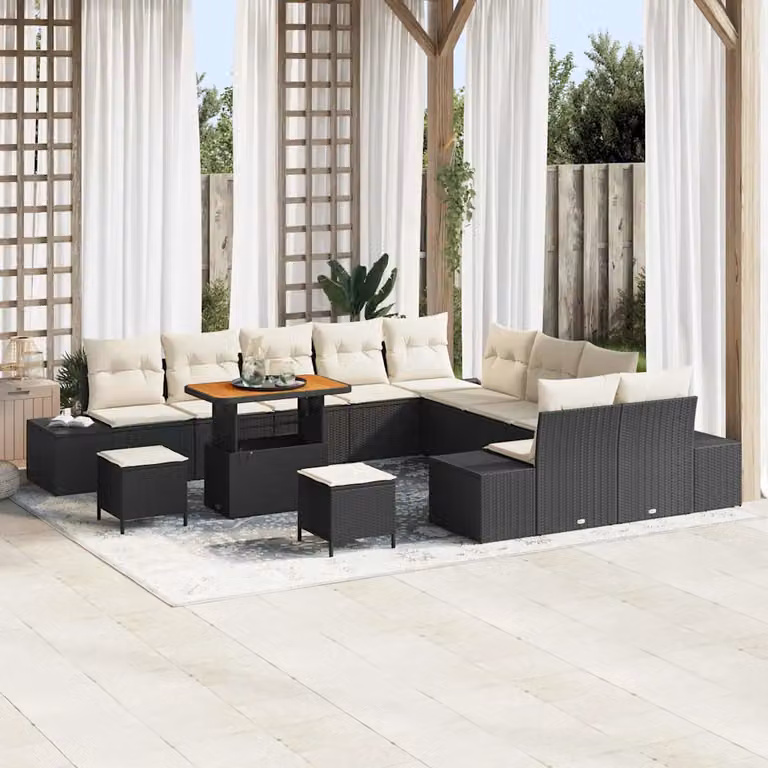Set Divano da Giardino vidaXL 13 pz in Polyrattan Nero con Cuscini e Tavolino