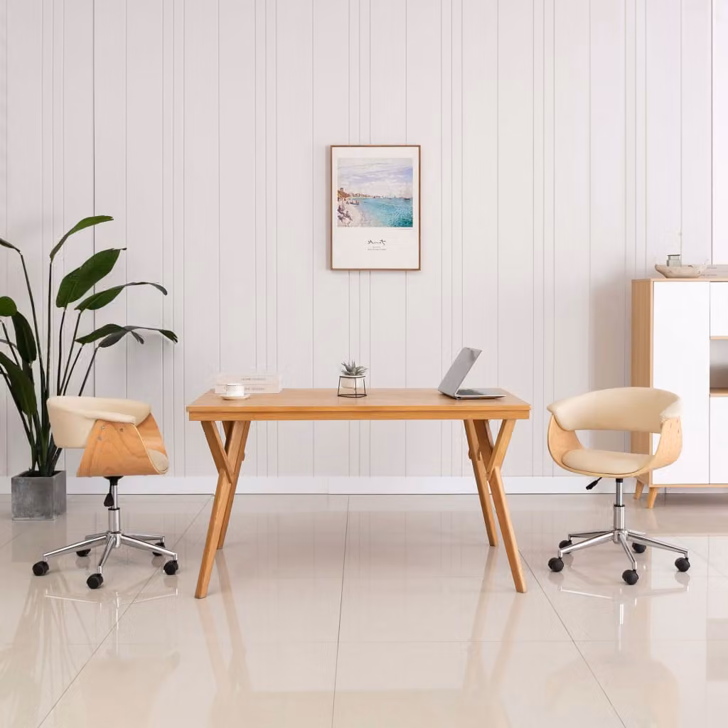 The Living Store Sedia da ufficio girevole in legno curvato e Pelle finta color crema