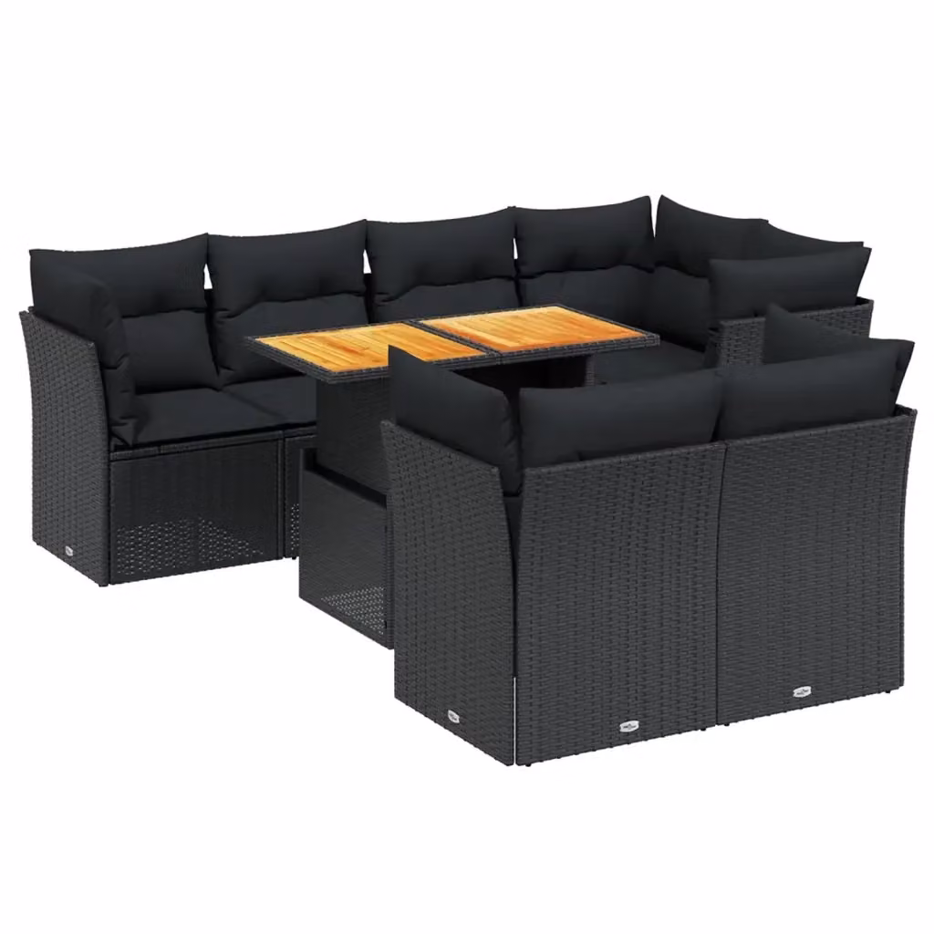 vidaXL Set Divani da Giardino a L con Cuscini 8 pz Nero in Polyrattan e Legno di Acacia – 2