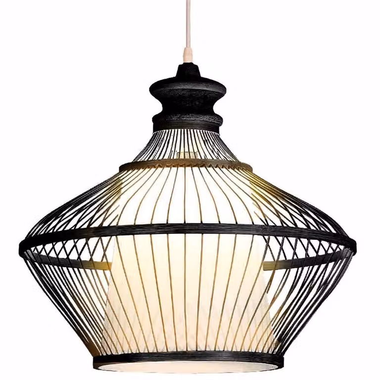 Fine Asianliving Bamboo Hanging Lamp Lampada a sospensione Nero Fatto a mano - Oliver D46xH40cm Lampada a sospensione Illuminazione Paralume di bambù Tessuto Lampada Illuminazione Rotan