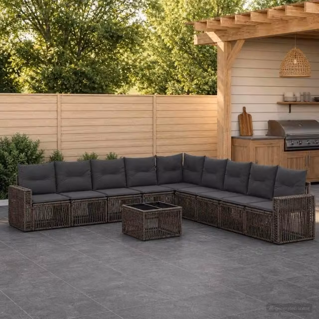Set Divano da Giardino 10 Pezzi vidaXL in Polyrattan Grigio e Antracite con Cuscini e Tavolino