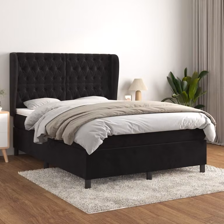 The Living Store Letto a molle con materasso nero 140x200 cm in velluto