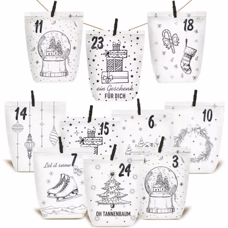 Calendario dell'Avvento da riempire, 24 sacchetti di carta, sacchetti regalo fai-da-te, carta kraft, adatti a bambini e adulti, colore bianco/nero