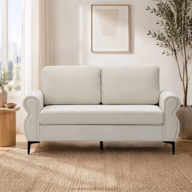 Divano 2 posti 173,5x81x92 cm in tessuto bianco crema, seduta confortevole -