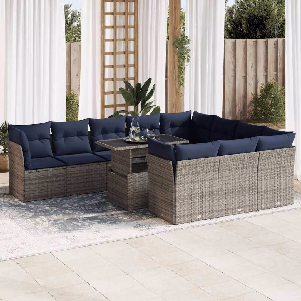 Set di divani da giardino vidaXL 11 pezzi in polyrattan e legno di acacia con cuscini blu e grigi per esterno