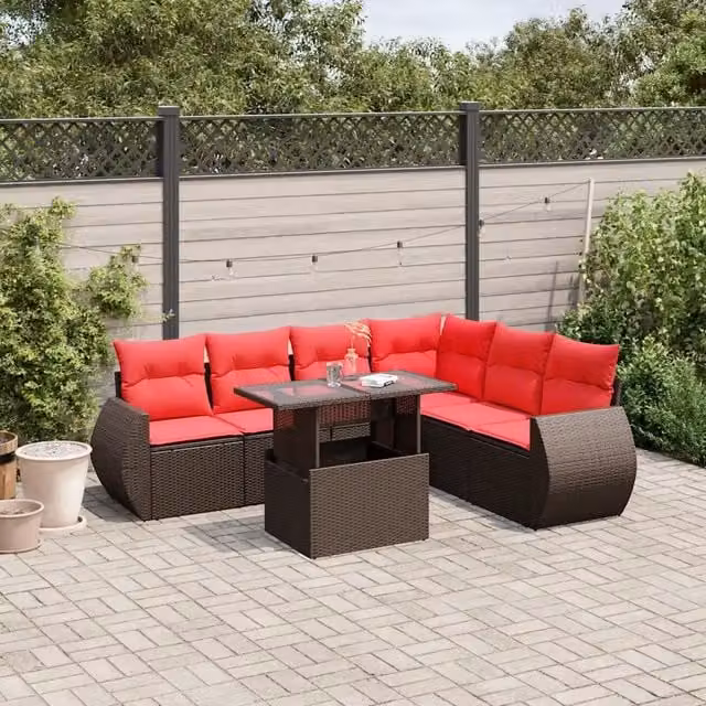 Set Divani da Giardino 7 pz con Cuscini Marrone in Polyrattan 3268564