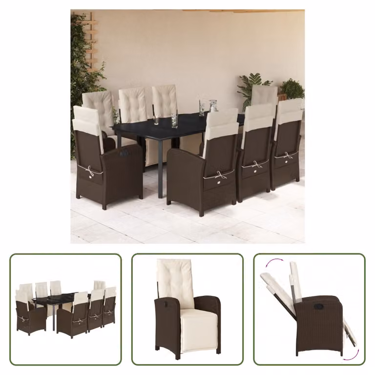The Living Store Set da pranzo da giardino 9 pezzi con cuscini in polirattan marrone