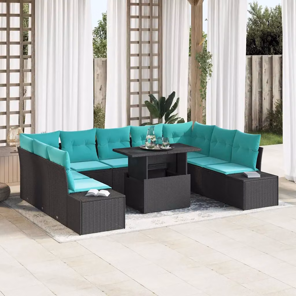 vidaXL Set Divano da Giardino a Forma di U in Polyrattan con Cuscini, Colore Nero e Blu